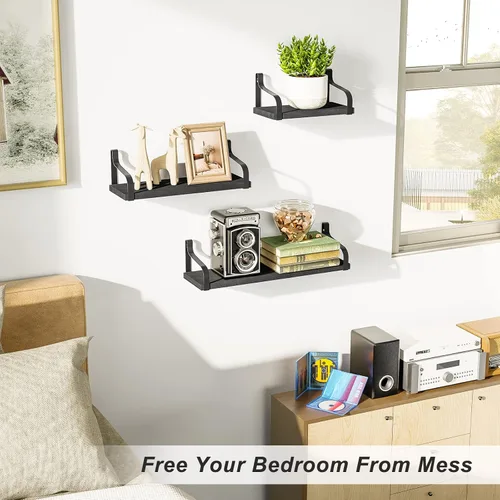 Miniatura 8 de Love-KANKEI Estantes flotantes montados en la pared de madera rústica, juego de 3 estantes para dormitorio, sala de estar, baño, cocina, color negro