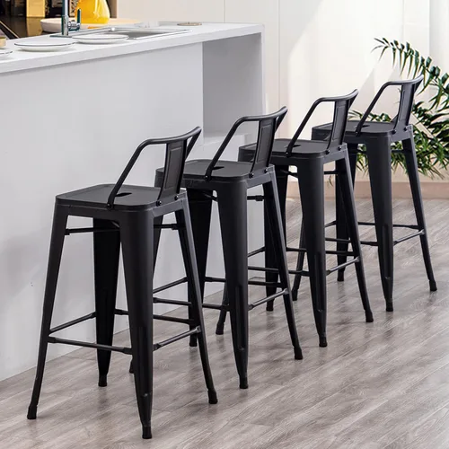 Miniatura 7 de Juego de 4 taburetes de bar de metal de 26 pulgadas, modernos taburetes de altura de mostrador con respaldo, sillas de bar industriales con respaldo