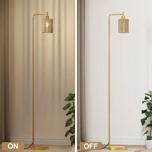 Miniatura 7 de Oneach Lámpara de pie dorada de 66 pulgadas para sala de estar, lámpara de pie bohemia con bombilla LED, interruptor de pie, pantalla de ratán, Oro