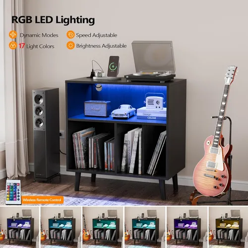 Miniatura 5 de VINGLI Soporte para tocadiscos con almacenamiento de vinilo abierto, mesa de almacenamiento de álbumes de mediados de siglo con luz LED de hasta 300