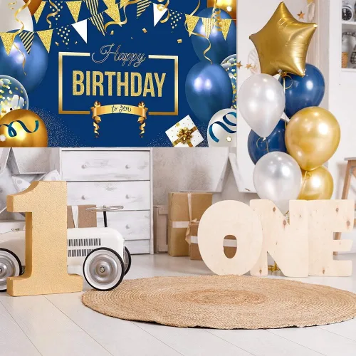 Miniatura 3 de Cartel de decoración de feliz cumpleaños, globos grandes azul marino y dorado, póster temático para niños, hombres y mujeres, cartel de celebración