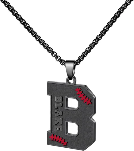 Miniatura 13 de Ldurian Collar personalizado con nombre de béisbol, cadena negra de acero inoxidable, collar con nombre deportivo, letra A-Z de 24 pulgadas, regalos