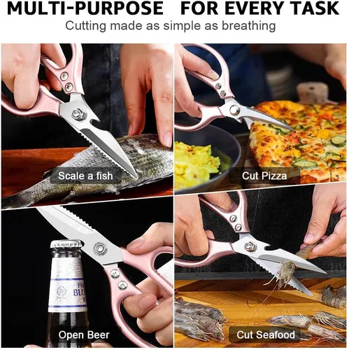 Miniatura 3 de ONEBOM - Tijeras de cocina, tijeras de cocina resistentes con hoja dentada para cortar carne, alimentos, pescado, aves de corral, accesorios de Oro