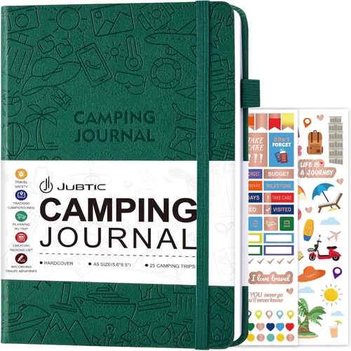 JUBTIC Diario de campamento y libro de registro de viaje para caravana, diario de aventura A5 para 25 campamentos, diario de senderismo, libros de