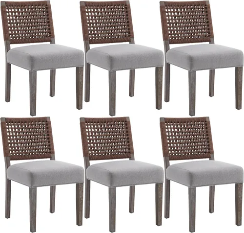 Miniatura 16 de chairus Juego de 2 sillas de comedor tapizadas, sillas de comedor costeras bohemias con respaldo de cuerda tejida de nogal marrón, patas de madera