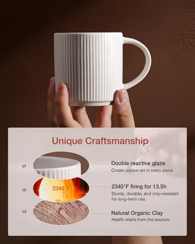 Miniatura 3 de Juego de Tazas de Café Famiware para 6, Tazas de 12 oz con Asa para Café, Té, Cacao, Leche - Juego de Vajilla de Cerámica y Gres, Blanco Mate Blanco