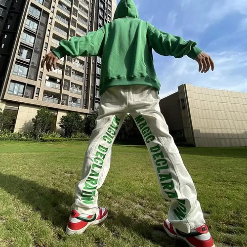 Miniatura 4 de MEOKIM Pantalones de mezclilla bordados con letras góticas, estilo callejero Harajuku, sueltos, hip-hop, recto, tubo para hombre