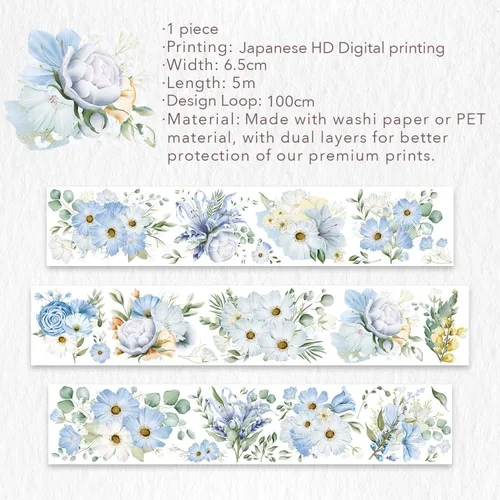 Miniatura 9 de WT Serene - Cinta ancha de PET, rollo individual, diseños originales, cinta decorativa de flores azules acuarela, cinta adhesiva transparente WT