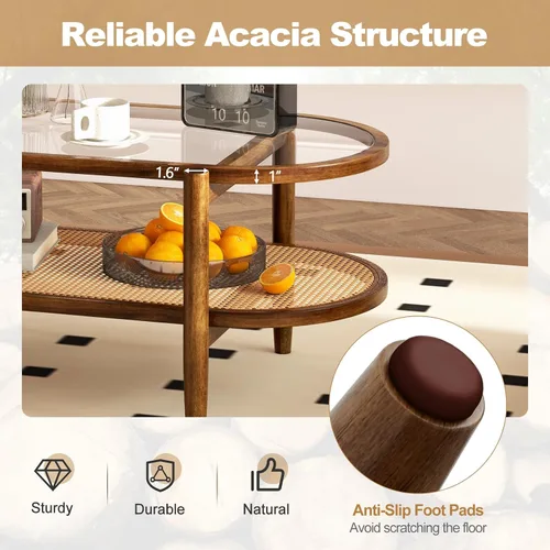 Miniatura 3 de Giantex Mesa de centro de ratán, mesa de té de madera ovalada de 2 niveles con mesa de vidrio templado y estante de almacenamiento de ratán de Negro