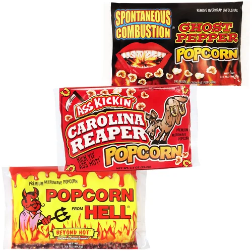 Palomitas de microondas premium – Paquete de regalo de variedad (3) - Regalo gourmet picante y sudoroso definitivo - ¡Pruébalo si te atreves!