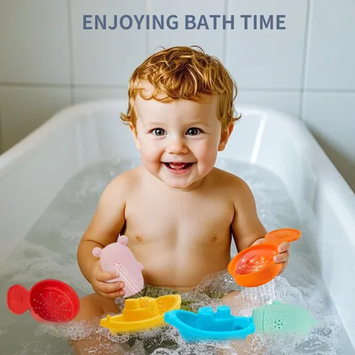 Miniatura 2 de Juguetes de baño para bebés y niños pequeños, 15 piezas, juguetes de agua para bañera sin molde con barcos flotantes de color arcoíris, cucharas