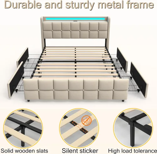 Miniatura 8 de Juego Base de cama Full 3 en 1 con luz LED RGB, enchufe y estación de carga USB y tipo C, 4 cajones, listones de madera, cama tapizada, sin ruido