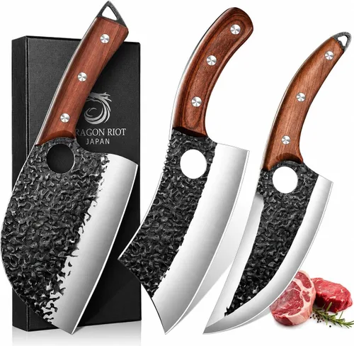 DRAGON RIOT Juego de cuchillos de carnicero profesional para procesamiento de carne, 3 piezas de acero de alto carbono forjado a mano, juego de