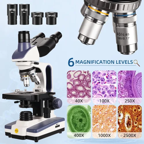 Miniatura 5 de SWIFT Microscopio compuesto trinocular SW350T, aumento 40X-2500X, cabeza de Siedentopf, grado de investigación, etapa mecánica de dos capas, cámara