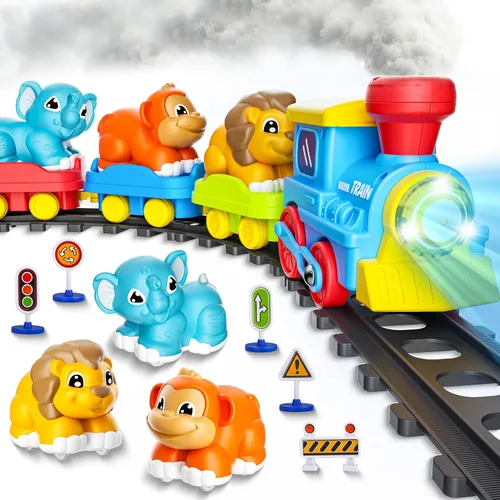 Juego de tren para niños pequeños con vapor, música y luces - Juguete de tren eléctrico para niños con accesorios de vías, incluye 3 vagones de