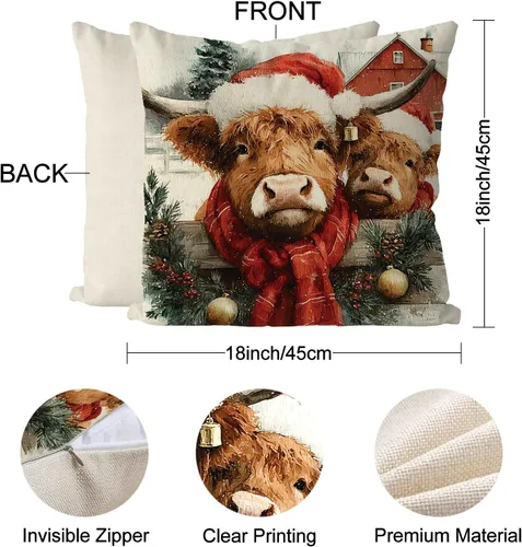 Miniatura 3 de Juego de 4 fundas de almohada de Navidad con diseño de vaca de las tierras altas, estilo campestre, vintage, para el hogar, sofá, sala de estar