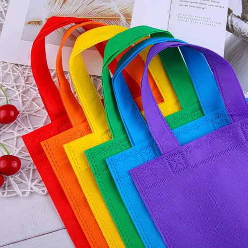 Miniatura 4 de Elcoho 30 bolsas de mano no tejidas arcoíris para fiestas, 8 x 8 pulgadas, rojo, naranja, amarillo, verde, azul, morado, boda, cumpleaños