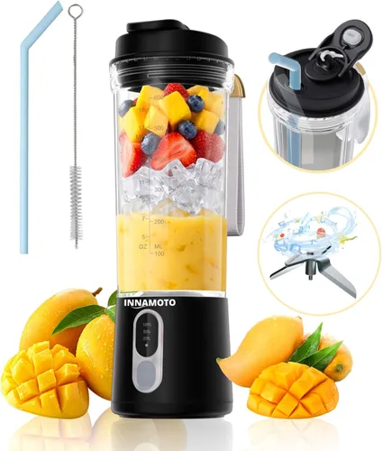 Mini licuadora portátil de tamaño personal, licuadora inalámbrica de 20 onzas, tipo C, recargable, sin BPA, recién exprimida en el Negro
