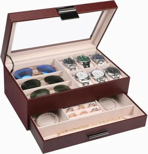 LANDICI Caja de reloj para hombres y mujeres, 2 capas de piel sintética, organizador de relojes, caja de almacenamiento grande, caja de joyería,