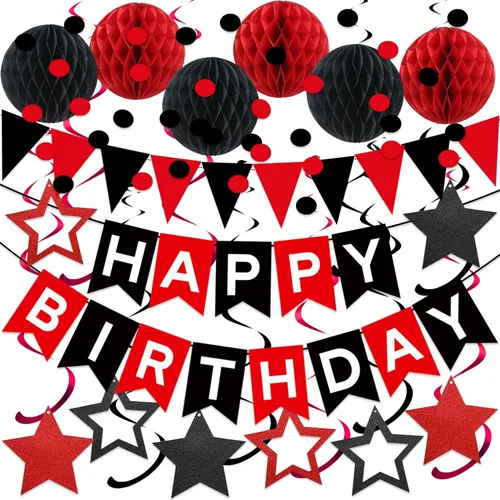 Miniatura 10 de Decoraciones de Fiesta de Cumpleaños en Negro y Rosa - Pancarta de Feliz Cumpleaños, Bolas de Panal, Remolinos de Estrellas, Puntos Circulares