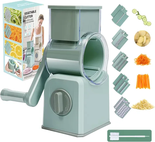Rallador giratorio de queso con manivela, 5 cuchillas intercambiables para cortar verduras, base fuerte de ventosa para un uso seguro, extraíble y