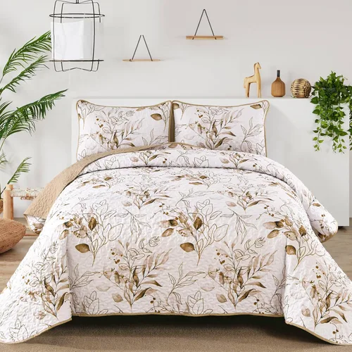 Miniatura 21 de Anibedding Juego de edredón azul tamaño King, 3 piezas reversible, elegante patrón de hojas botánicas azules, colcha de microfibra suave para toda