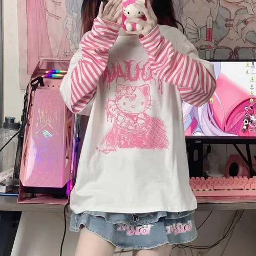 Miniatura 2 de Camisetas de manga larga de anime para mujer, retazos, Kawaii Harajuku, falsas de dos piezas góticas