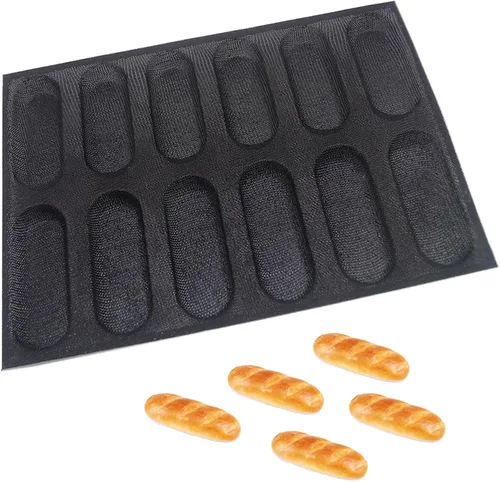 Miniatura 9 de Dioycli Molde de pan de silicona para hornear pan grande de baguette sartén perforada para bollos de perritos calientes, 4 panes, alfombrilla