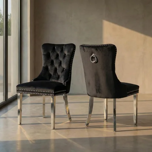 Miniatura 38 de Juego de 2 sillas de comedor de terciopelo, sillas de comedor copetudas de mediados de siglo con anillo trasero de cabeza de clavo, patas de metal