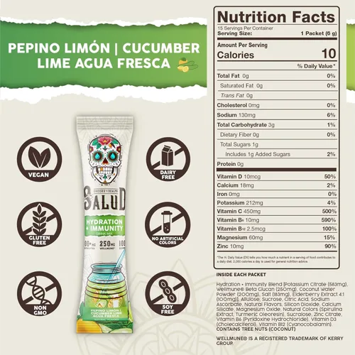 Miniatura 3 de Salud Paquetes de hidratación 2 en 1 + electrolitos inmunitarios en polvo, pepino y lima, mezcla de bebida de agua fresca, saúco, sin lácteos