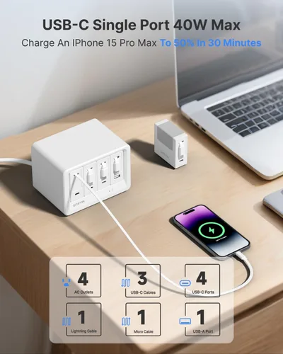 Miniatura 5 de Gitryin 12-in-1 Desktop Charging Station with 3 Retractable Type-C Charger Blocks, 1 Micro and 1 Lightning Charger, 4 USB C Ports, 160W Fast
