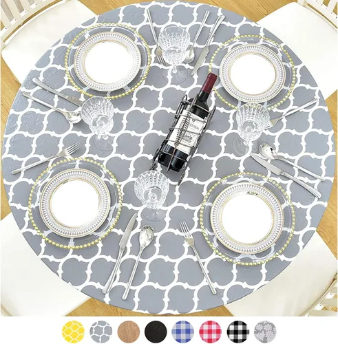 Miniatura 9 de Mantel redondo de vinilo de plástico ajustable con parte trasera de franela y borde elástico, protector de mesa impermeable para mesa de comedor