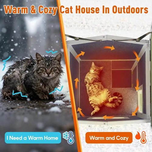 Miniatura 2 de Casa cálida aislada para gatos de 2 pisos, refugio resistente a la intemperie para gatos con 2 plataformas, capas térmicas, 2 puertas de escape