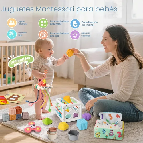 Miniatura 2 de Juguetes Montessori 6 en 1 para bebés de 6 a 12 meses — Juguete de cuerda de jalar, cubo sensorial, tazas apilables, caja de pañuelos, girador