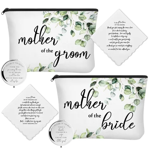 Paquete de 6 regalos para madre de la novia, el juego de regalos para madre del novio, incluye 2 hojas, bolsa de cosméticos, 2 espejos de