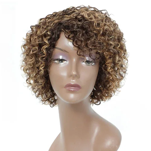 Miniatura 12 de Pelucas de cabello humano rizado brasileño de 10 pulgadas para mujeres negras, peluca corta sin pegamento con color natural, 100% cabello humano