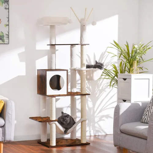 Miniatura 2 de Hey-brother Árbol de madera para gatos, muebles para gatos de 66.1 pulgadas con postes rascadores, torre moderna para gatos con hamacas, juguetes