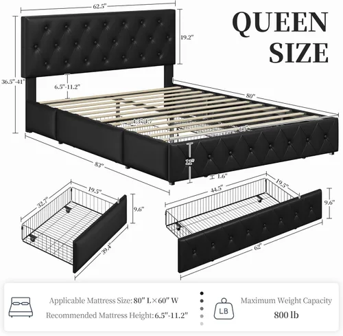 Miniatura 2 de Topeakmart Base de cama de plataforma tapizada tamaño Queen con cabecera ajustable en altura y 3 cajones de almacenamiento, base de colchón de piel