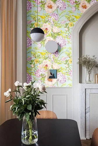 Miniatura 2 de Blooming Wall DPY27 - Papel tapiz autoadhesivo removible con peonía beige de hortensias y pájaros de color morado claro, 14.5 pies cuadrados/rollo