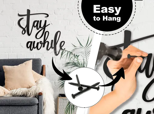 Miniatura 3 de Vivegate Letreros metálicos para pared con texto en inglés «Stay Awhile», 2 letreros negros para decoración del hogar (mediano: 28 x 12 pulgadas)