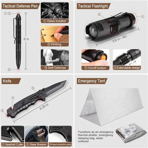 Miniatura 4 de Kit de supervivencia de emergencia de 238 piezas y kit de primeros auxilios, herramienta de equipo de supervivencia profesional con bolsa táctica