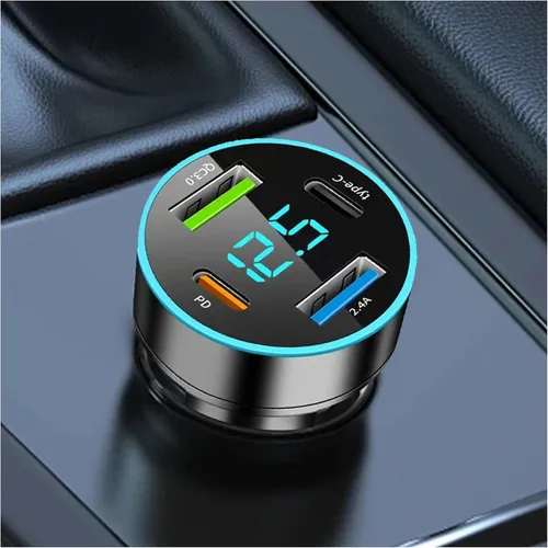 Cargador de coche USB de 4 puertos, adaptador de cargador de coche con LED azul, PD+QC3.0+puertos tipo C adaptador de cargador de coche para