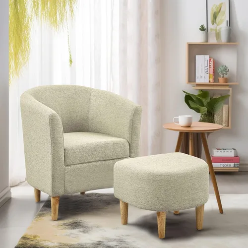 Miniatura 18 de DAZONE Silla decorativa Sherpa con otomana, sillón blanco esponjoso de barril de peluche para sala de estar acogedora, sillas pequeñas y cómodas