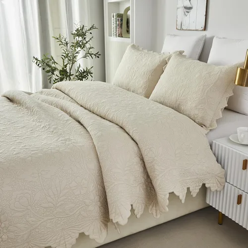 Brandream Juego de ropa de cama de 2 piezas con borde festoneado, tamaño individual, color beige, tamaño individual, tamaño individual, tamaño