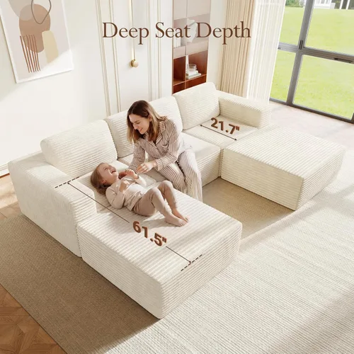 Miniatura 5 de Vesgantti Sofá modular en forma de U de 119 pulgadas, sofá modular de pana con asiento profundo y soporte de resortes, sofá convertible con 2 Beige
