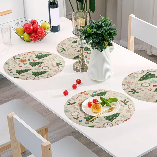 Miniatura 6 de Christmas Trees Beige Table Place Mats, Heat Resistant Non Slip Dinner Placemats Round for Kitchen one sizex6