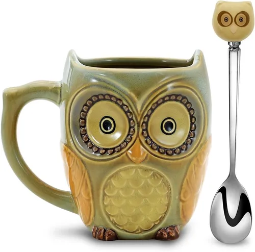 SQOWL Taza de café 3D bonita taza de búho de cerámica con cuchara Tazas de té para mujeres y niñas 12 oz Cian