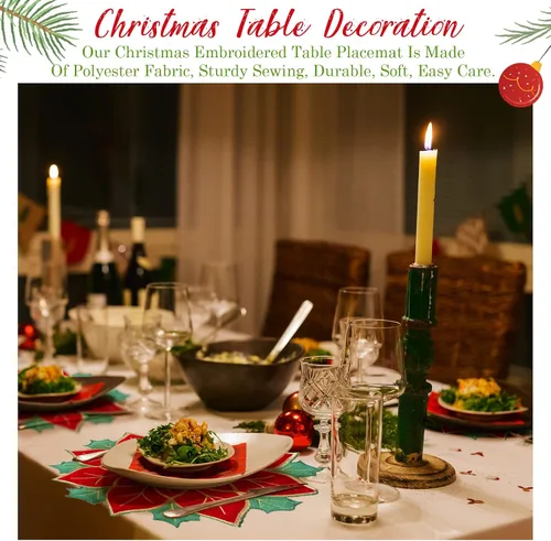 Miniatura 5 de Breling Juego de 6 Manteles Individuales de Navidad de Poinsettia de 16 Pulgadas Redondos Rojos y Verdes con Flores de Poinsettia, Manteles de Mesa