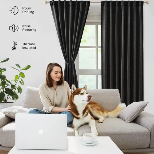 Miniatura 5 de Bujasso Cortinas de jacquard negras con bolsillo para barra, pestaña trasera y lazos de lujo, cortinas aisladas térmicamente para oscurecer