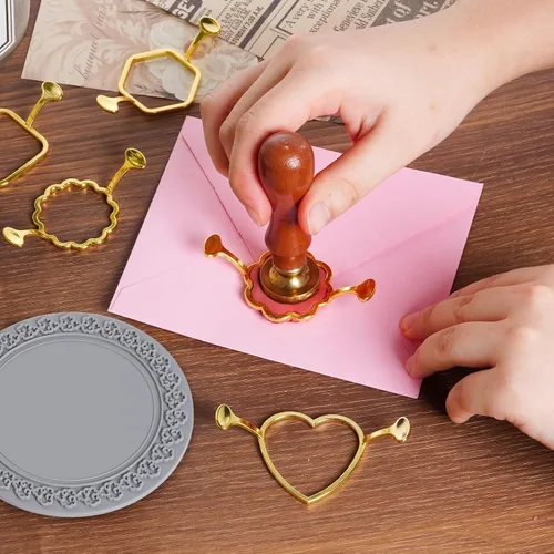 Miniatura 3 de cnomg 7 piezas de moldes de sello de cera de metal, esterilla de sellado de cera de oro, kit de moldes para invitaciones, sobres, regalos, embalaje